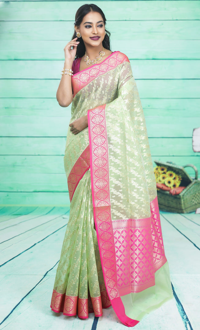 Light Green and Pink Soft Tissue Saree - Keya Seth Exclusive