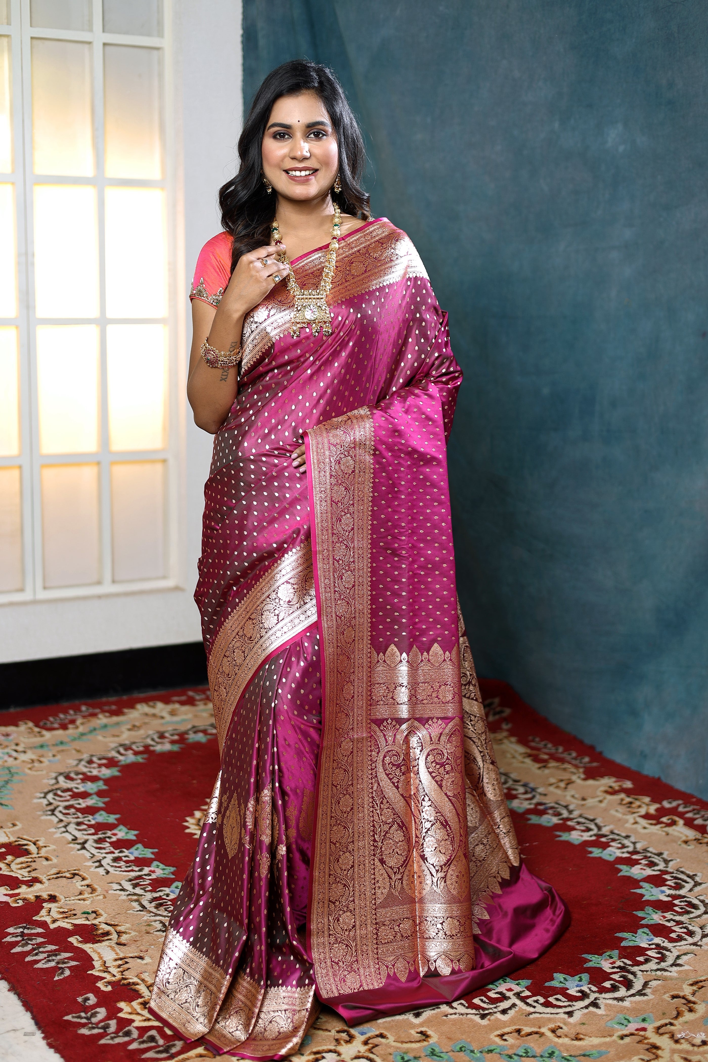 Dark Pink Dual Tone Banarasi Saree - Keya Seth Exclusive