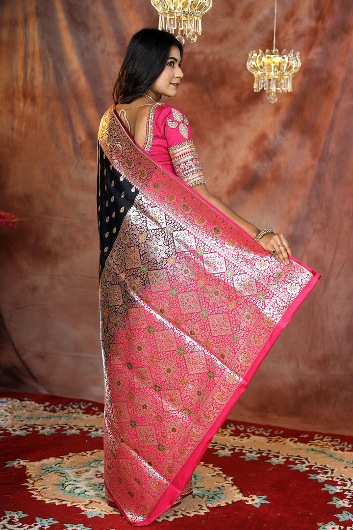 Black Minakari Banarasi Saree with Pink Border - Keya Seth Exclusive