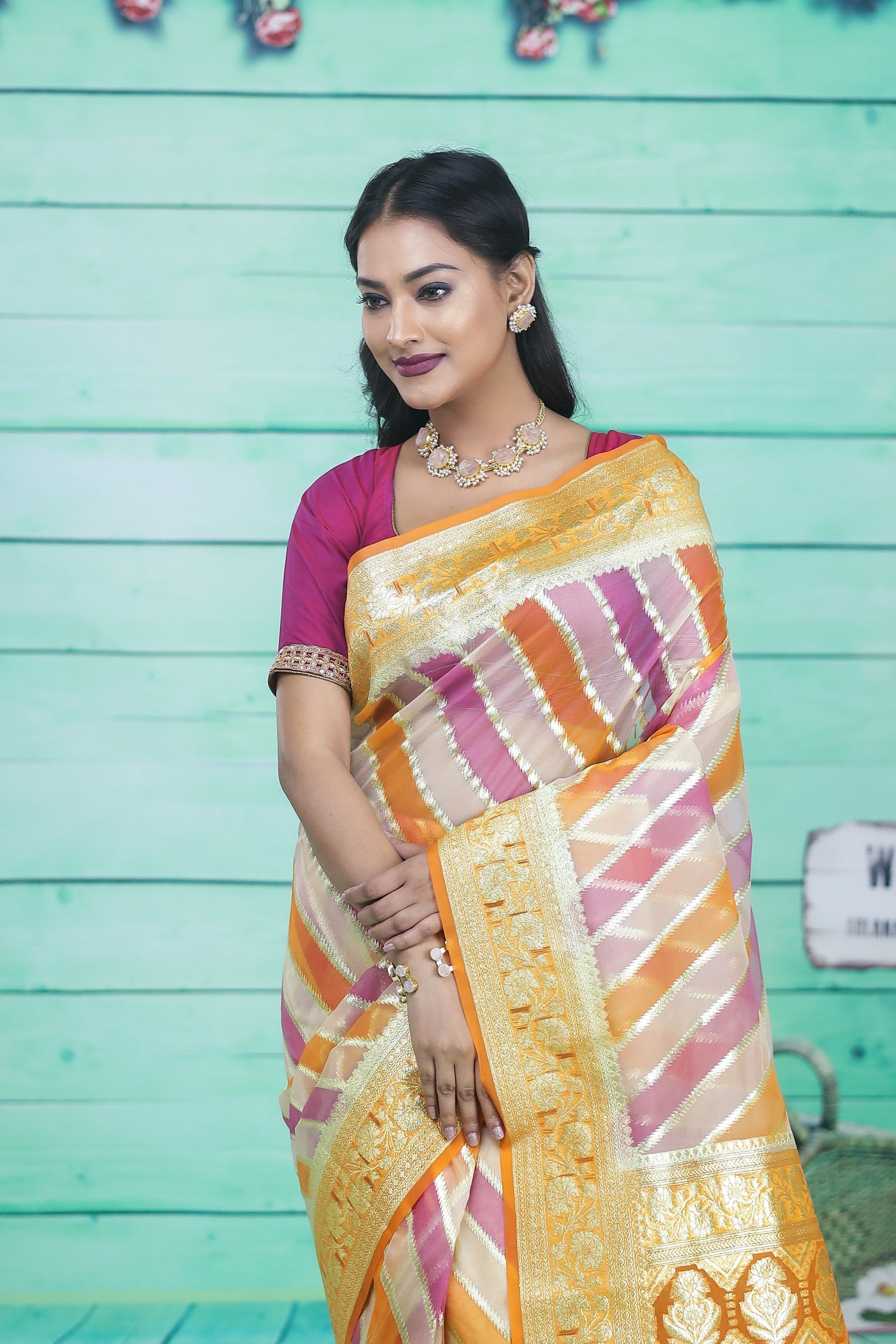 Colorful Orange Off-white Organza Rangkat Saree - Keya Seth Exclusive