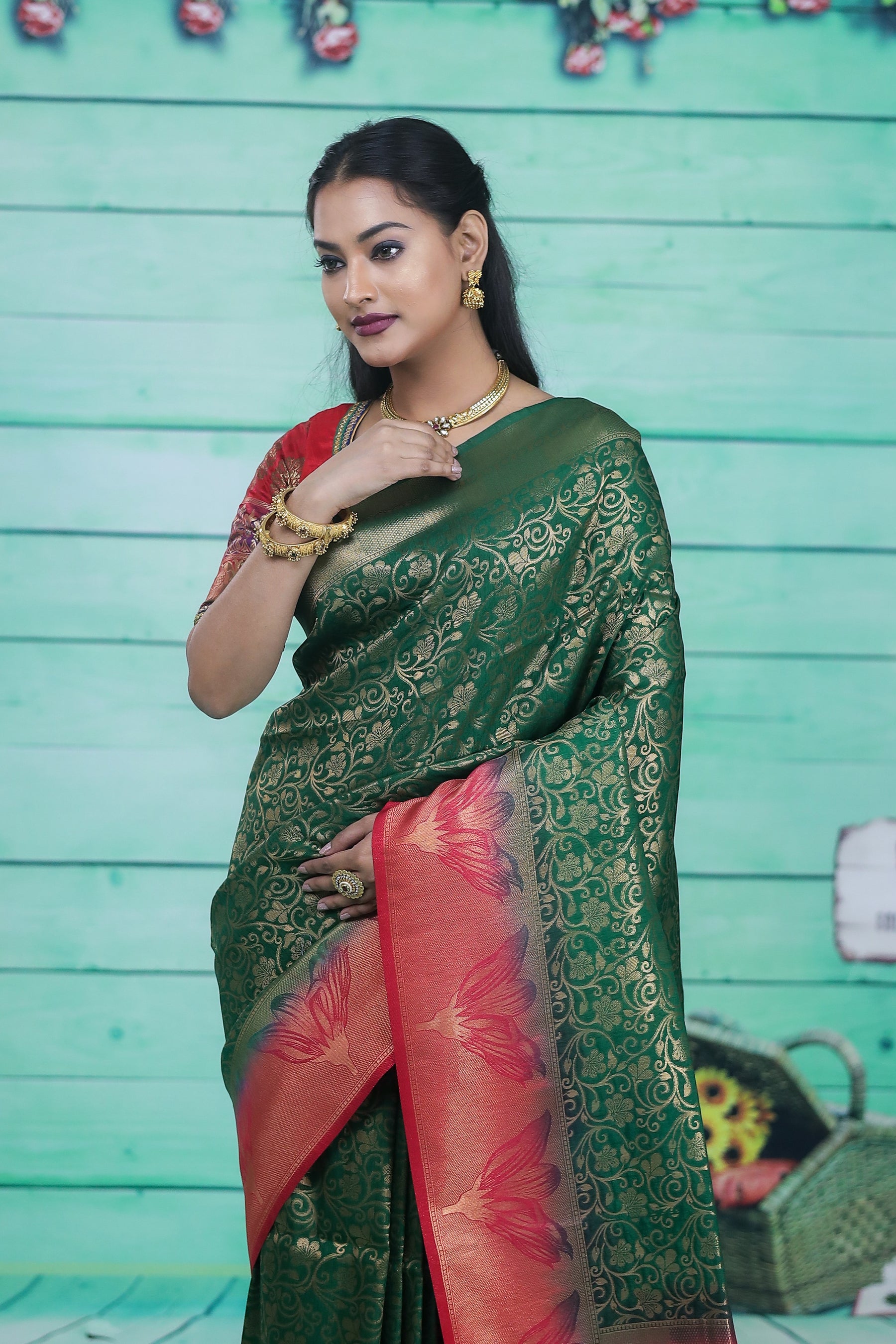 Bottle Green Dupion Silk Saree with Red Border - Keya Seth Exclusive