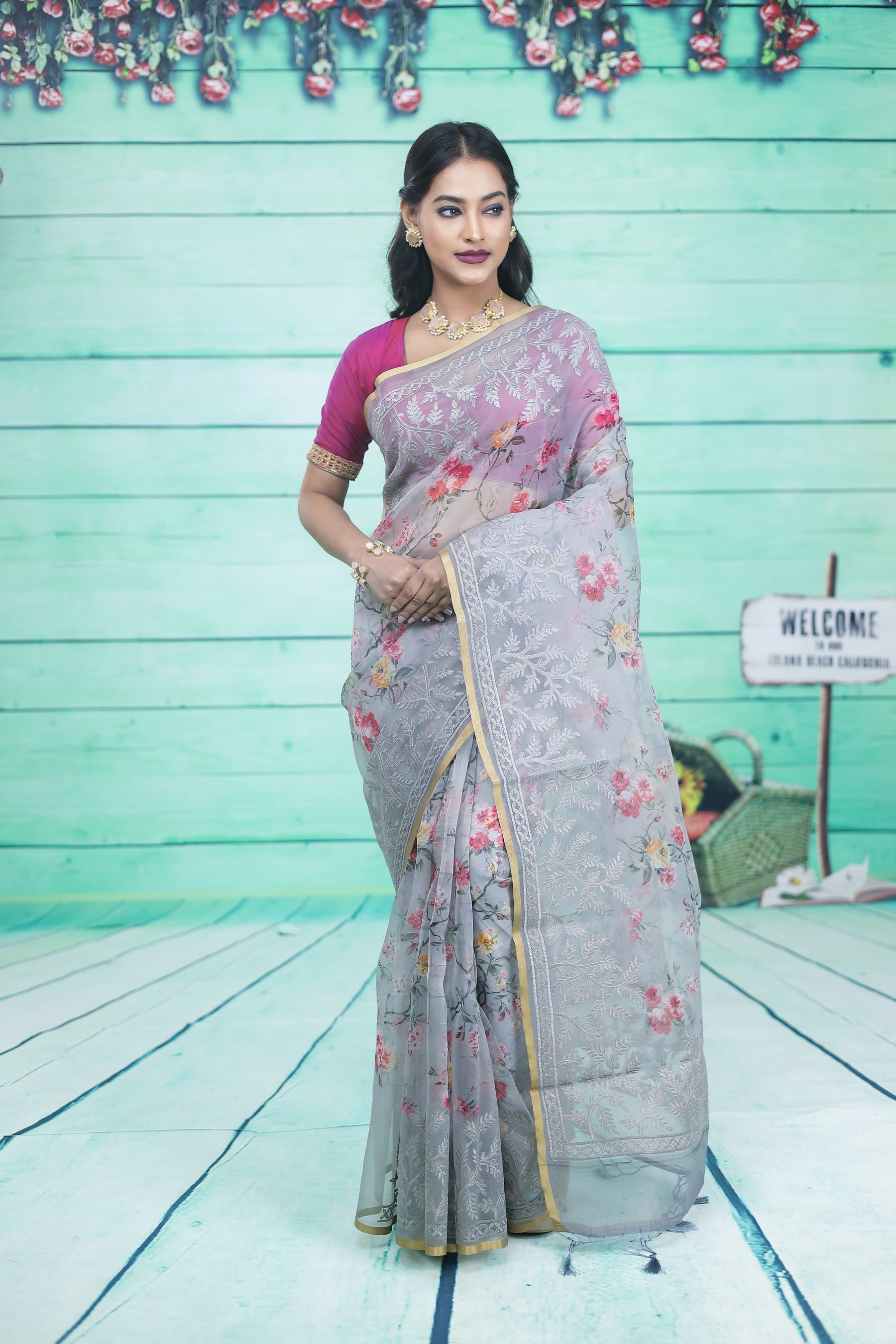 Grey Organza Saree with Floral Design - Keya Seth Exclusive