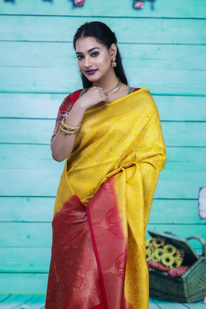 Yellow Dupion Silk Saree with Red Border - Keya Seth Exclusive