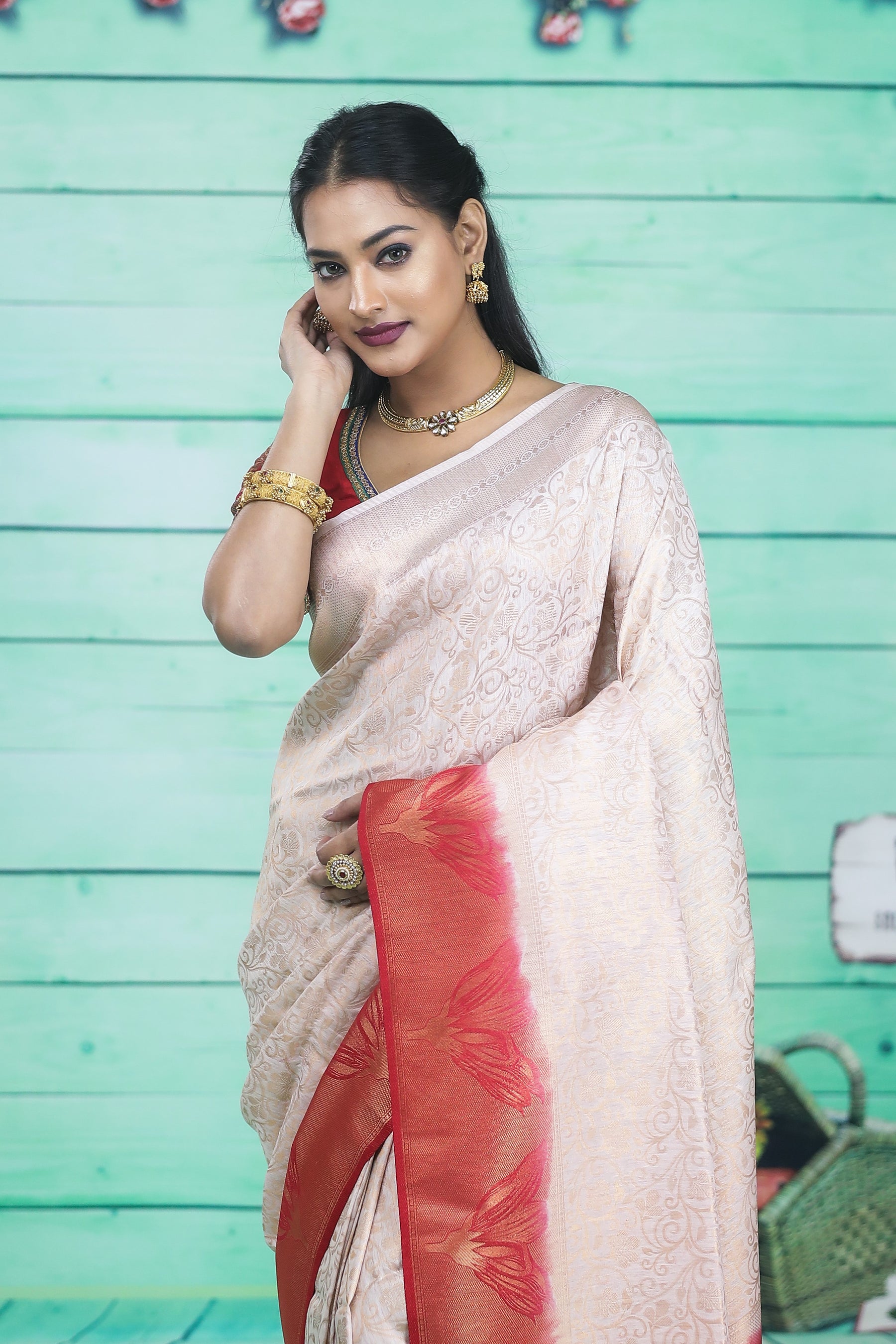 White Dupion Silk Saree with Red Border - Keya Seth Exclusive