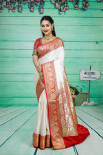 Load image into Gallery viewer, Off-White and Red Semi Katan Silk Saree - Keya Seth Exclusive
