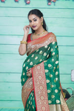 Load image into Gallery viewer, Green with Red Border Tissue Saree - Keya Seth Exclusive