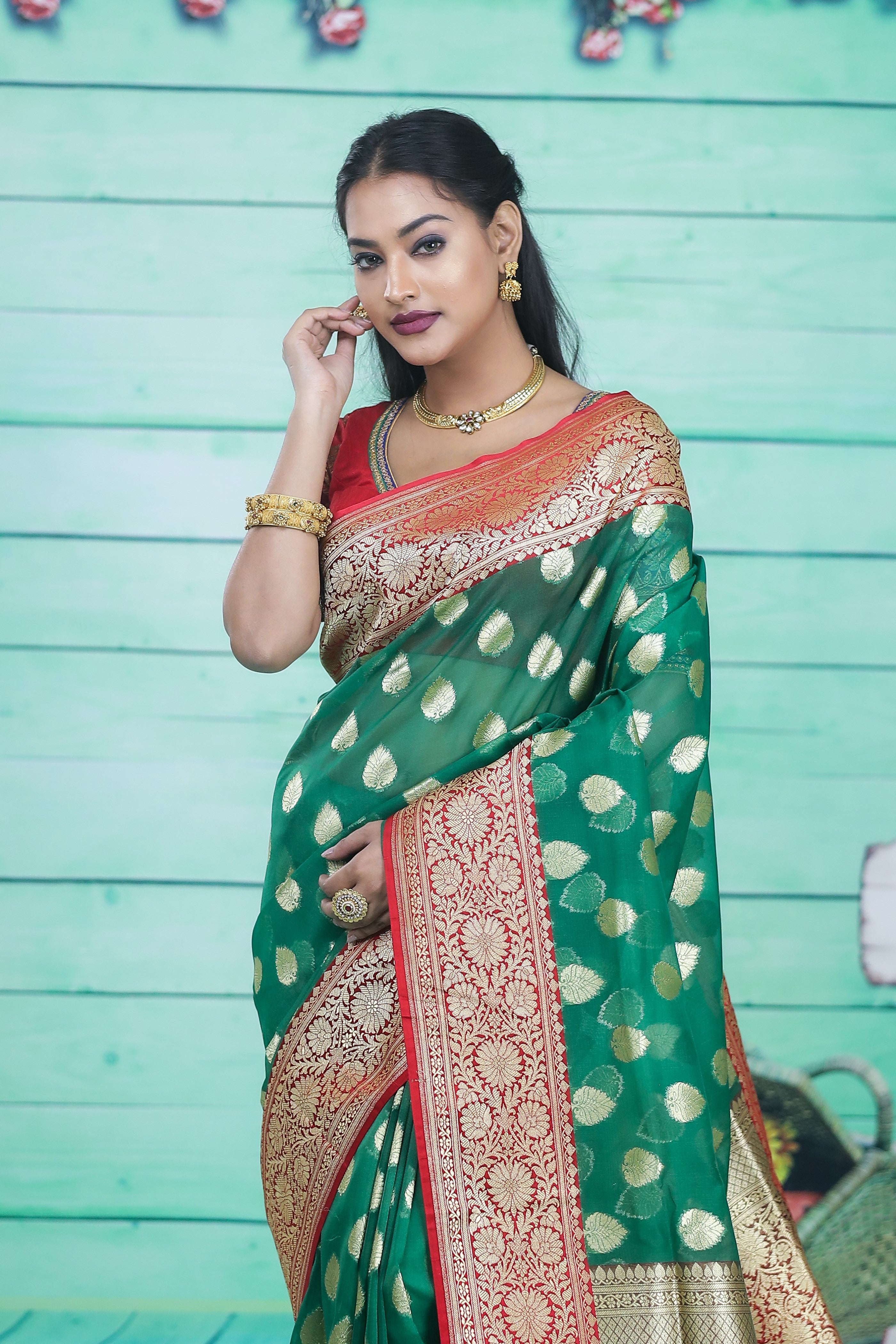 Green with Red Border Tissue Saree - Keya Seth Exclusive