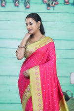Load image into Gallery viewer, Pink Semi Katan Silk Saree with Light Green Border - Keya Seth Exclusive