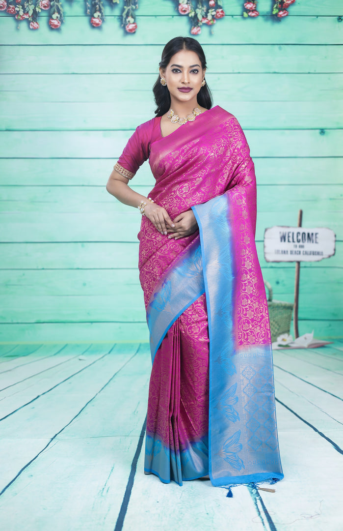 Pink Dupion Silk Saree with Blue Border - Keya Seth Exclusive