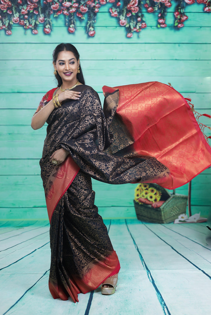 Black Dupion Silk Saree with Red Border - Keya Seth Exclusive
