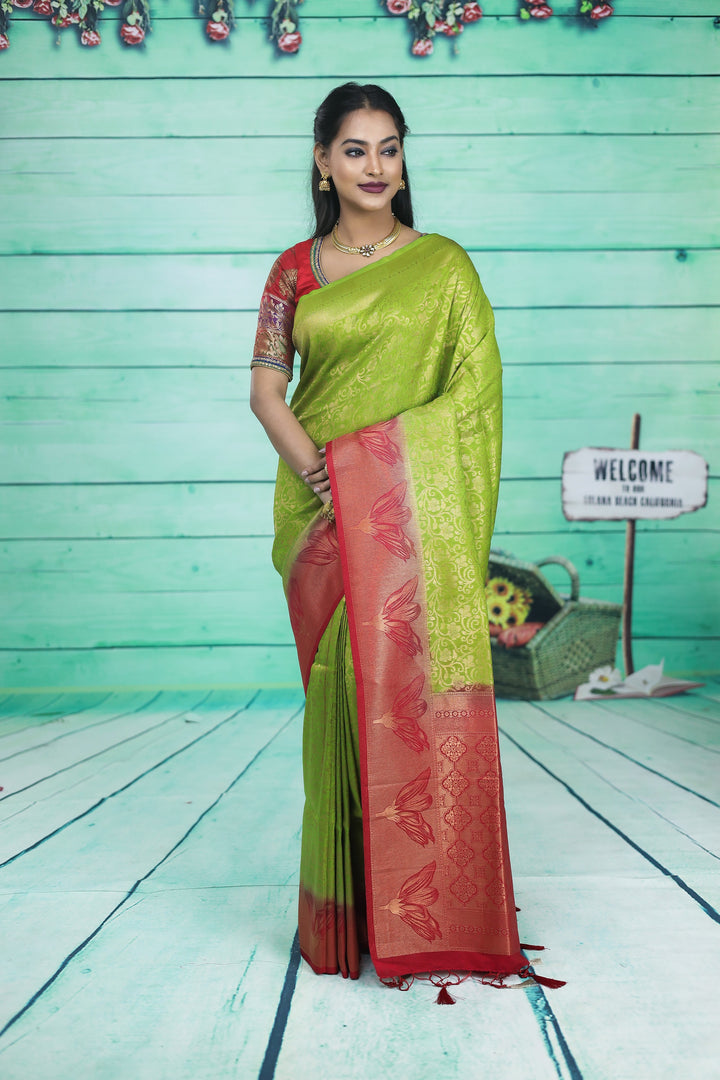 Light Green Dupion Silk Saree with Red Border - Keya Seth Exclusive