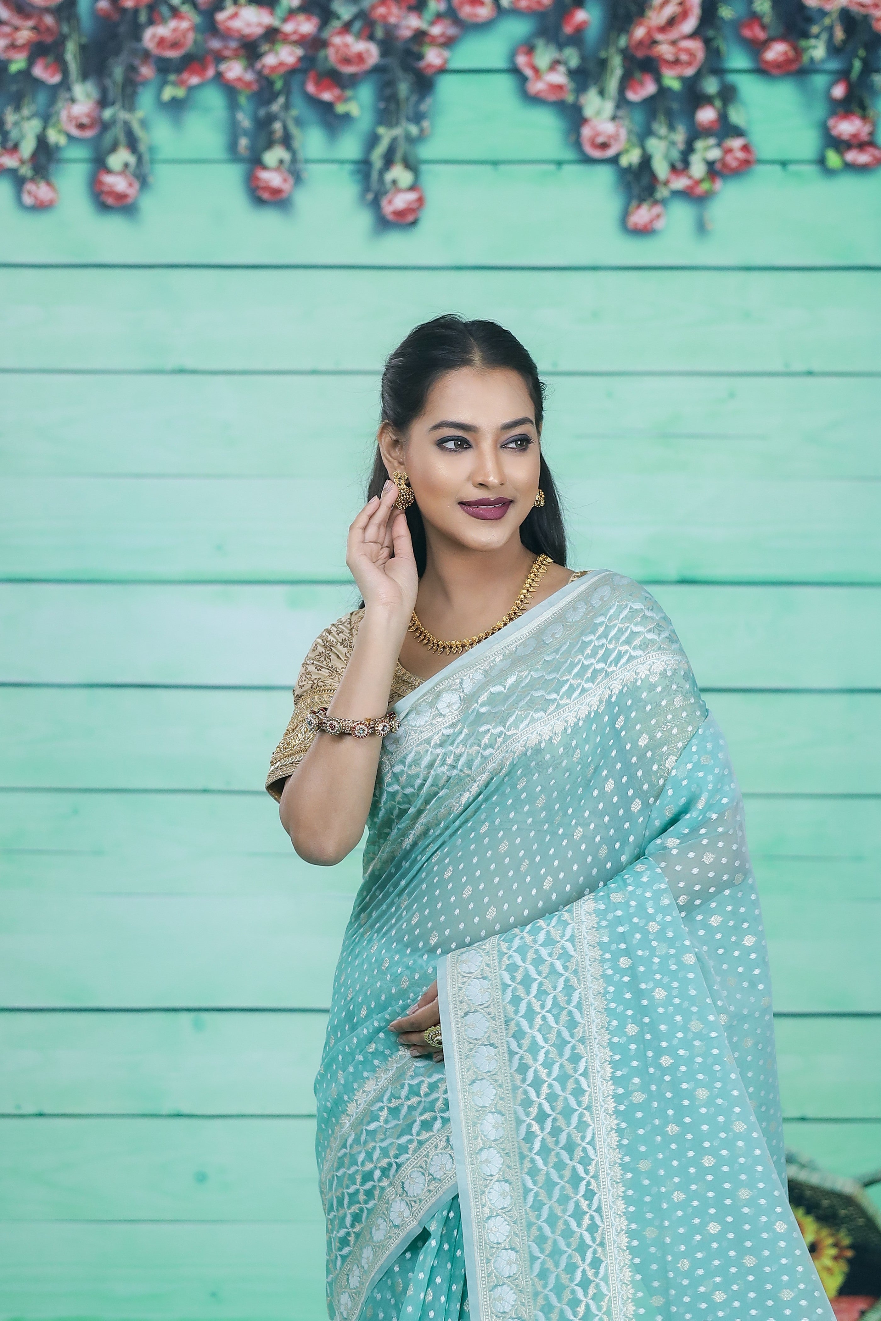 Sea Green Soft Tissue Saree - Keya Seth Exclusive