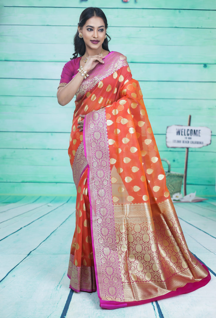 Orange with Pink Border Tissue Saree - Keya Seth Exclusive