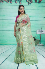 Load image into Gallery viewer, Green Organza Saree with Floral Design - Keya Seth Exclusive