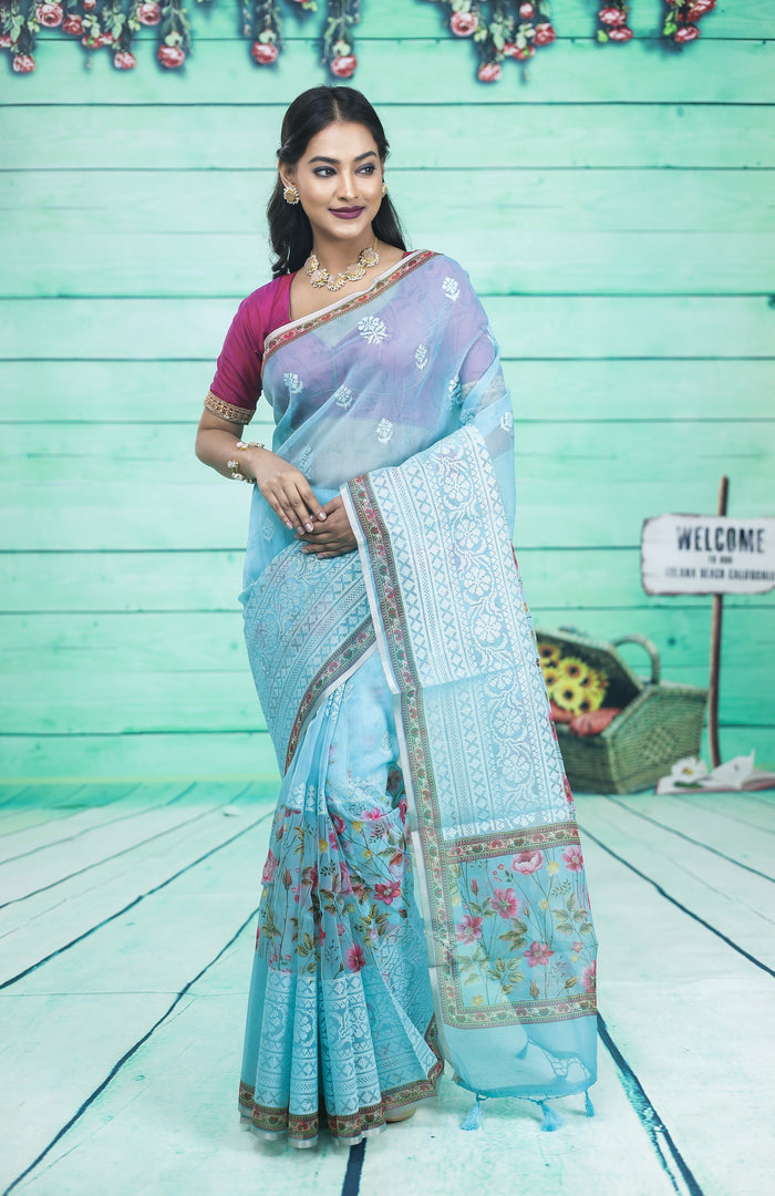 Blue Organza Saree with Floral Design - Keya Seth Exclusive