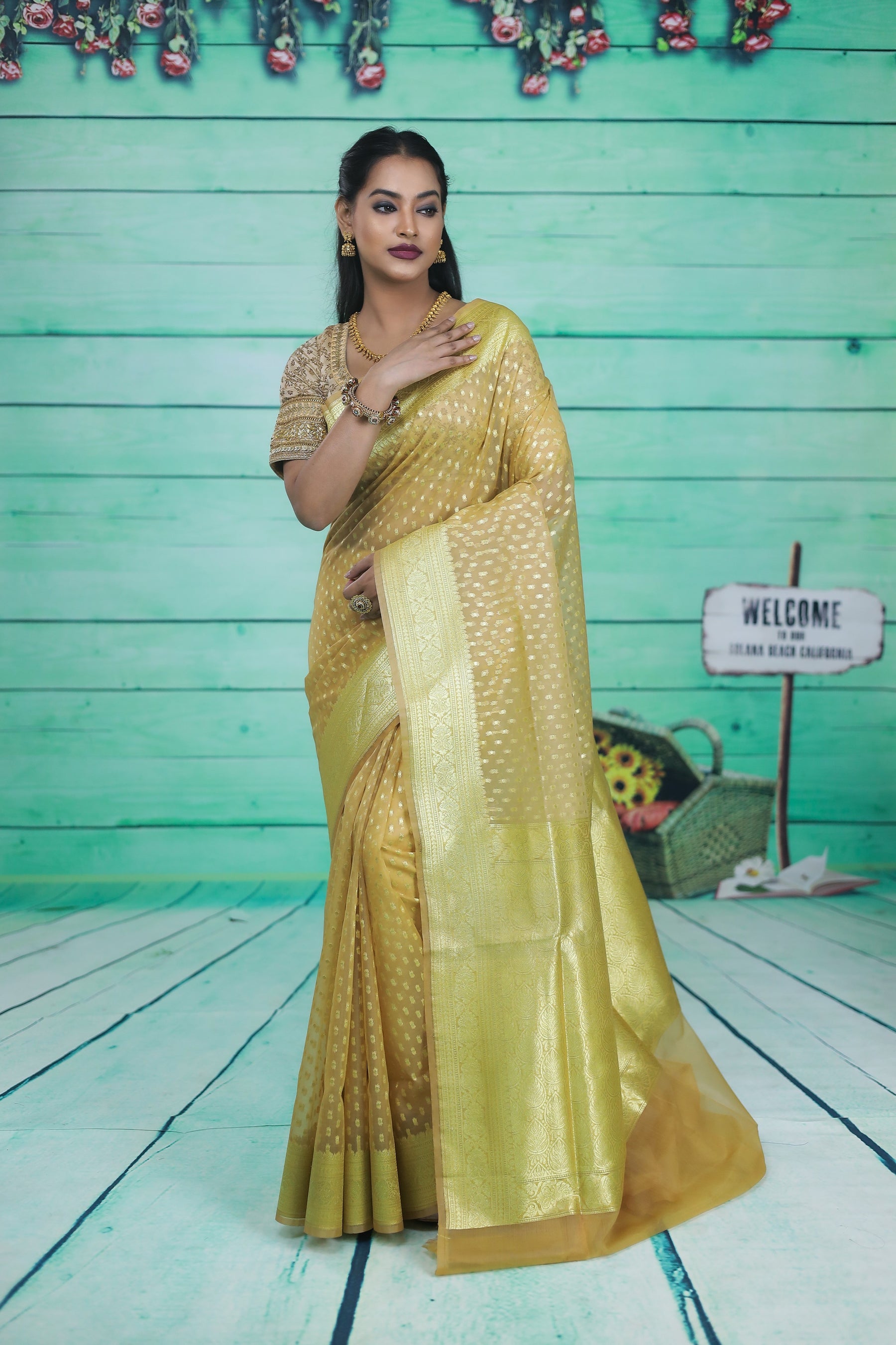 Lightweight Beige Soft Tissue Saree - Keya Seth Exclusive