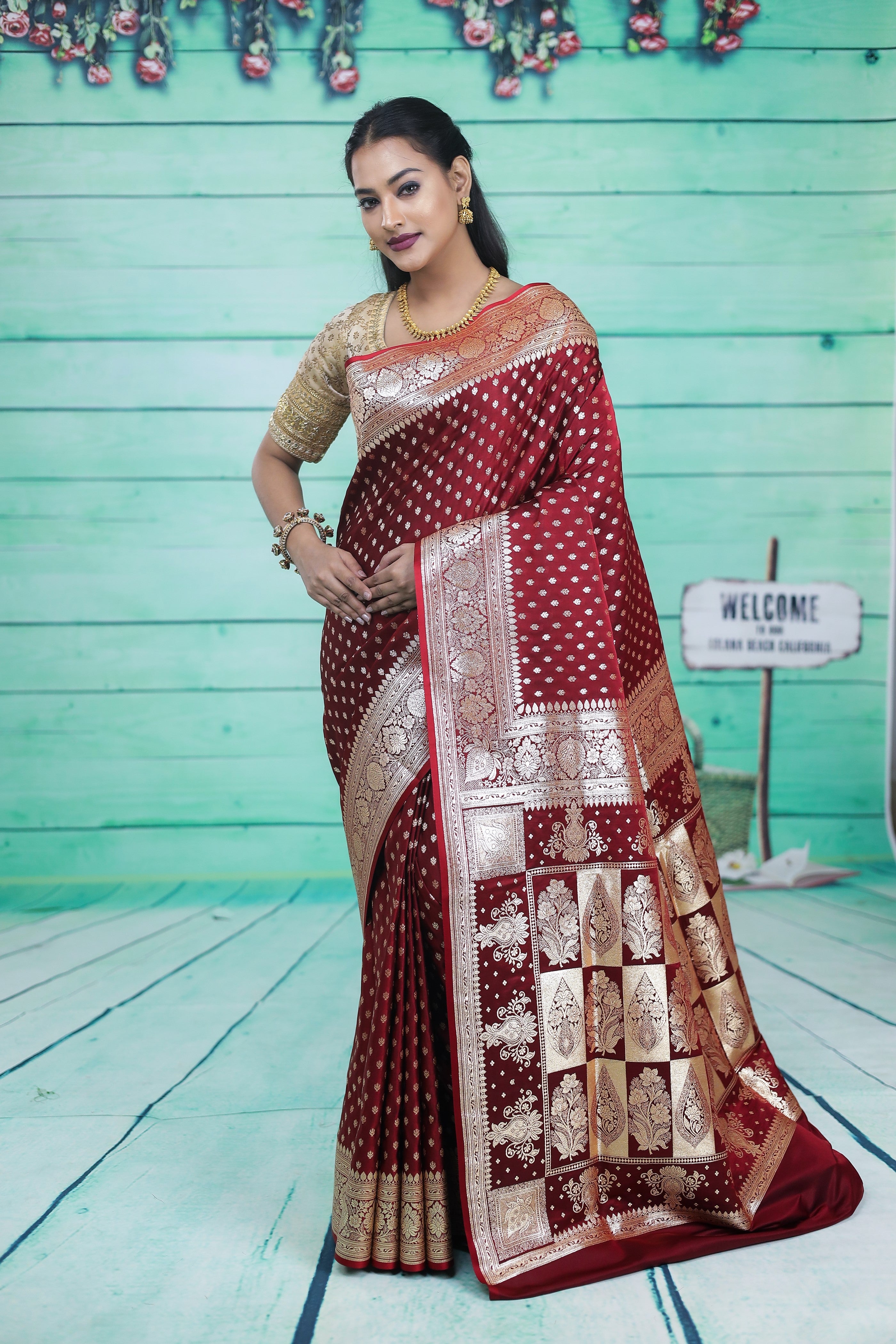 Shiny Maroon Dual Tone Banarasi Saree - Keya Seth Exclusive