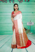 Load image into Gallery viewer, Red and Off-White Semi Katan Silk Saree - Keya Seth Exclusive