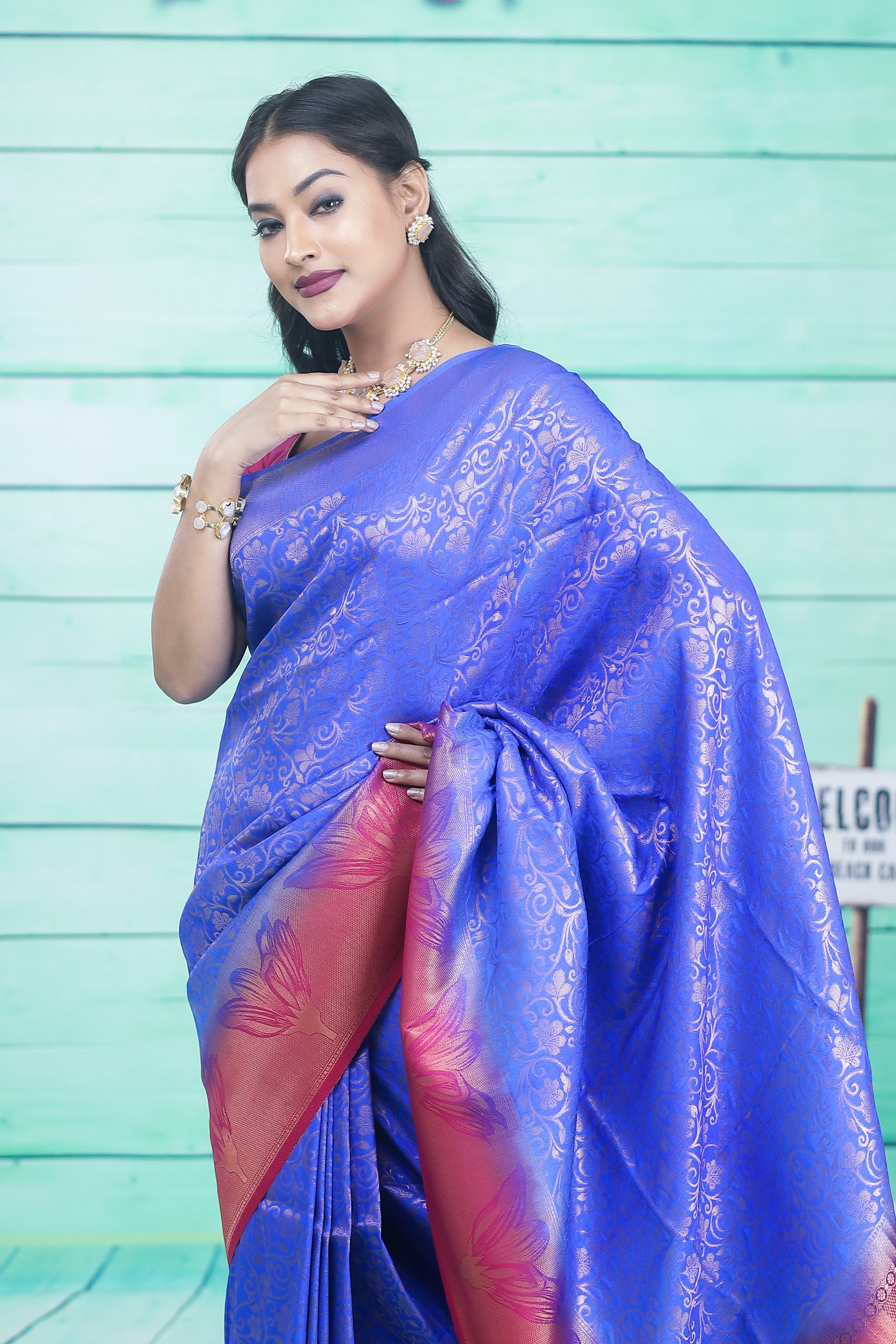 Royal Blue Dupion Silk Saree with Pink Border - Keya Seth Exclusive