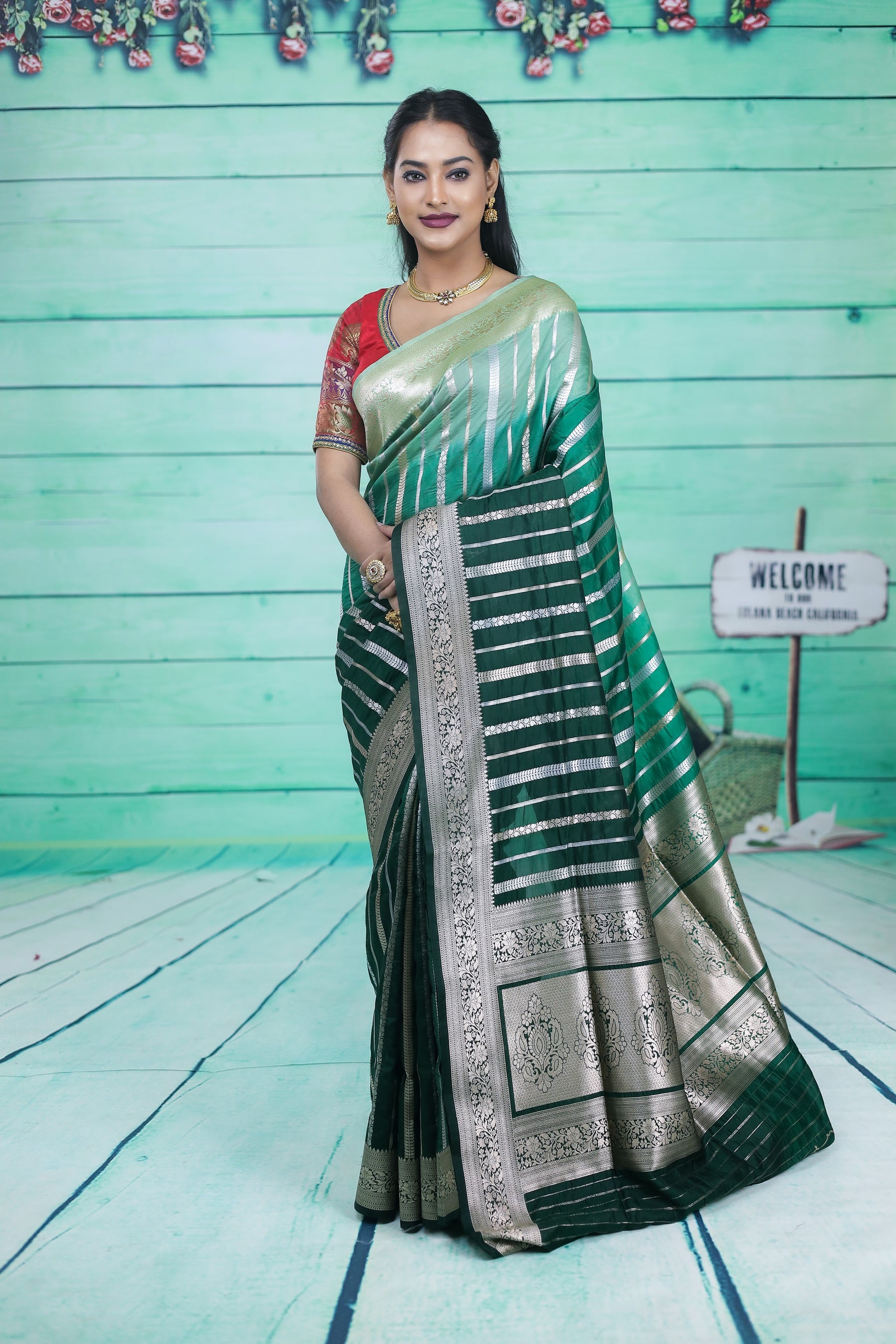 Deep Green and Light Green Semi Katan Silk Saree - Keya Seth Exclusive