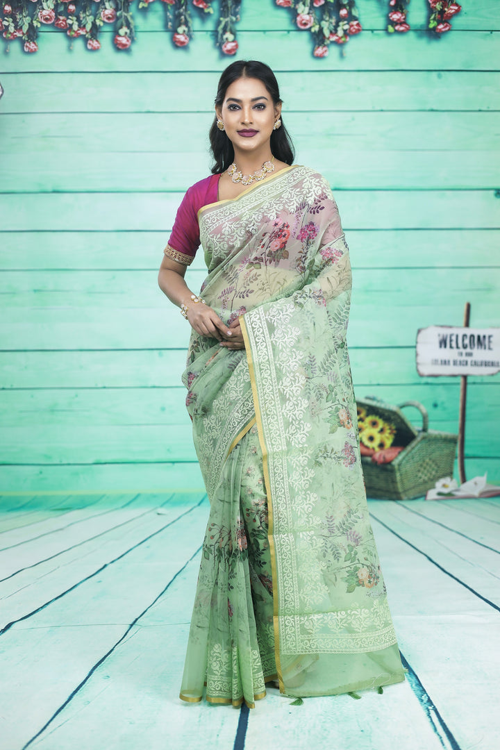 Light Green Organza Saree with Floral Design - Keya Seth Exclusive