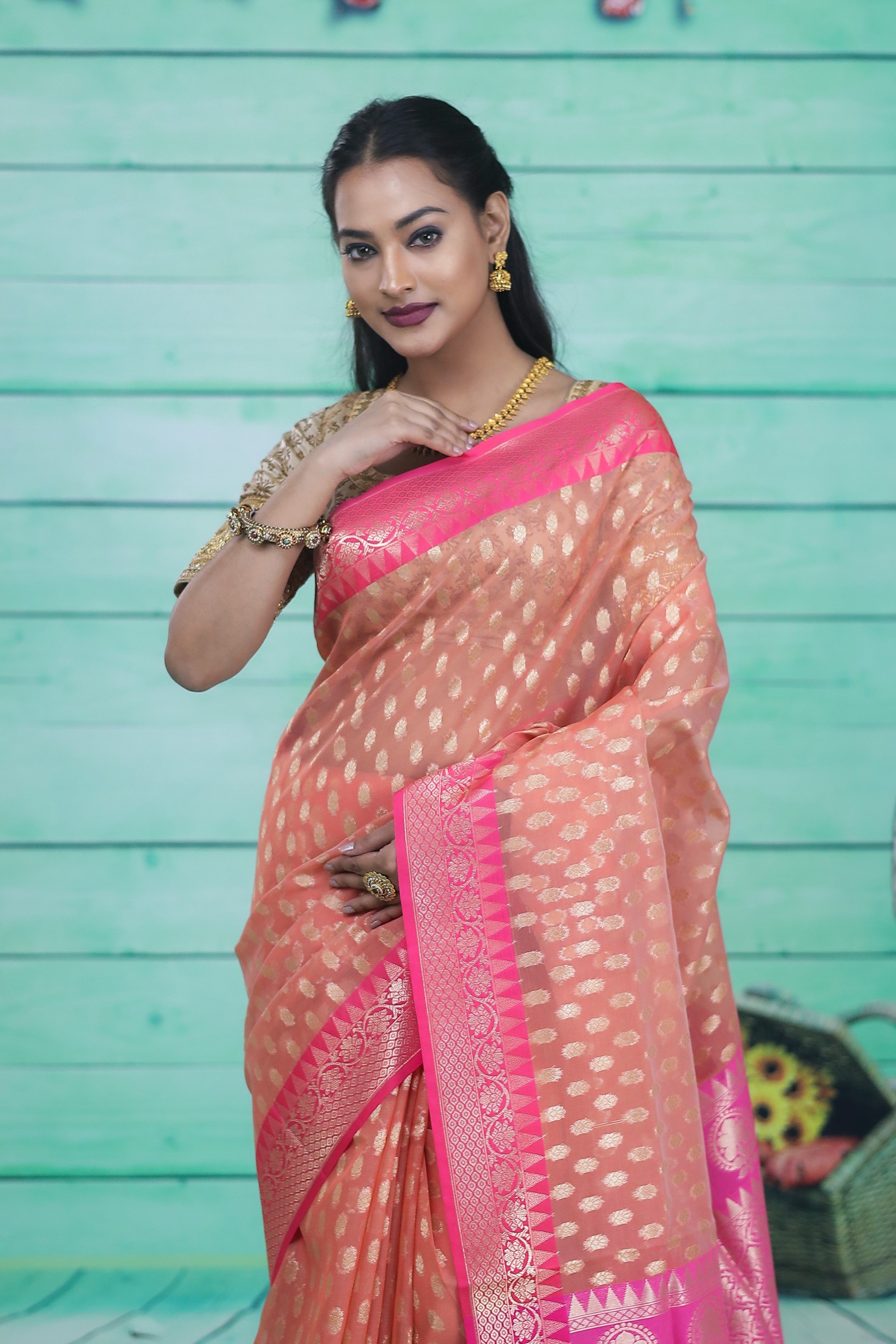 Peach and Pink Soft Tissue Saree - Keya Seth Exclusive