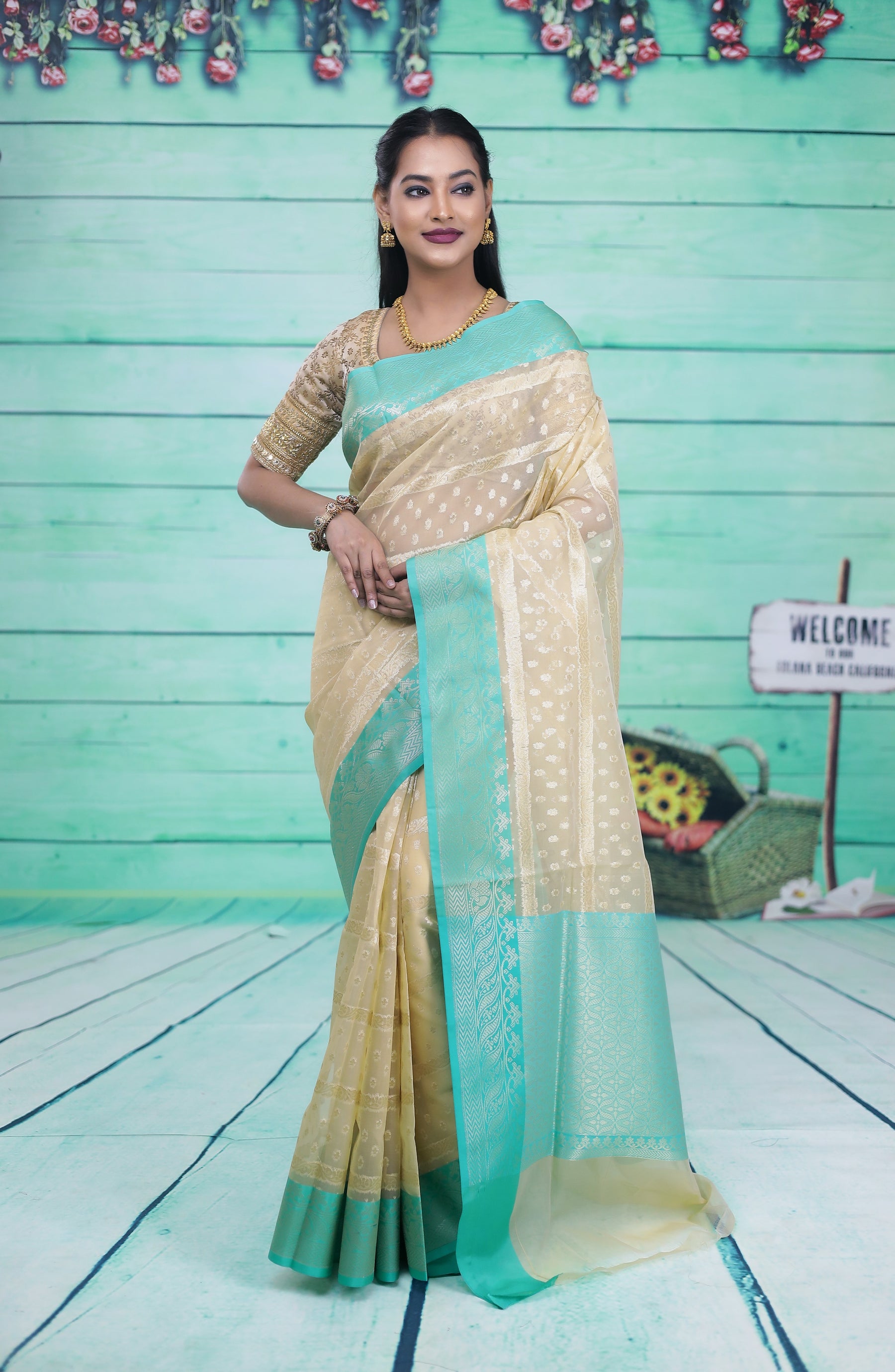 Off-white and Green Soft Tissue Saree - Keya Seth Exclusive