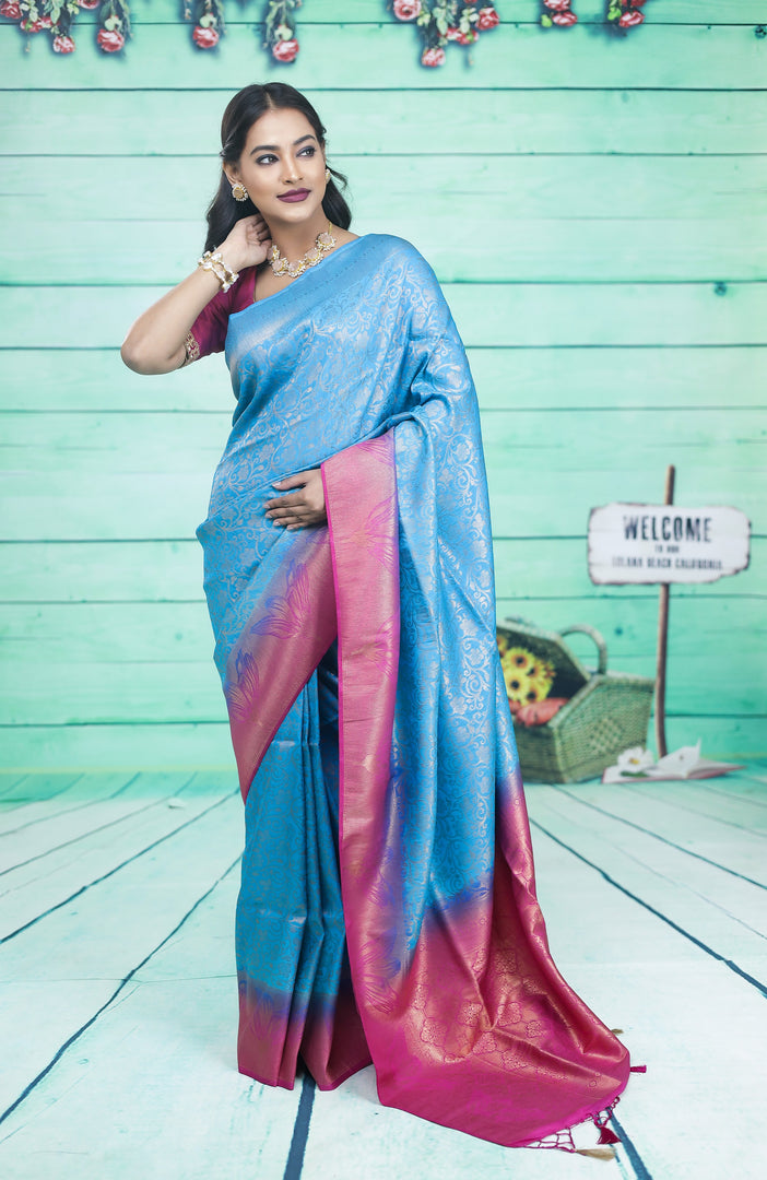 Blue Dupion Silk Saree with Pink Border - Keya Seth Exclusive