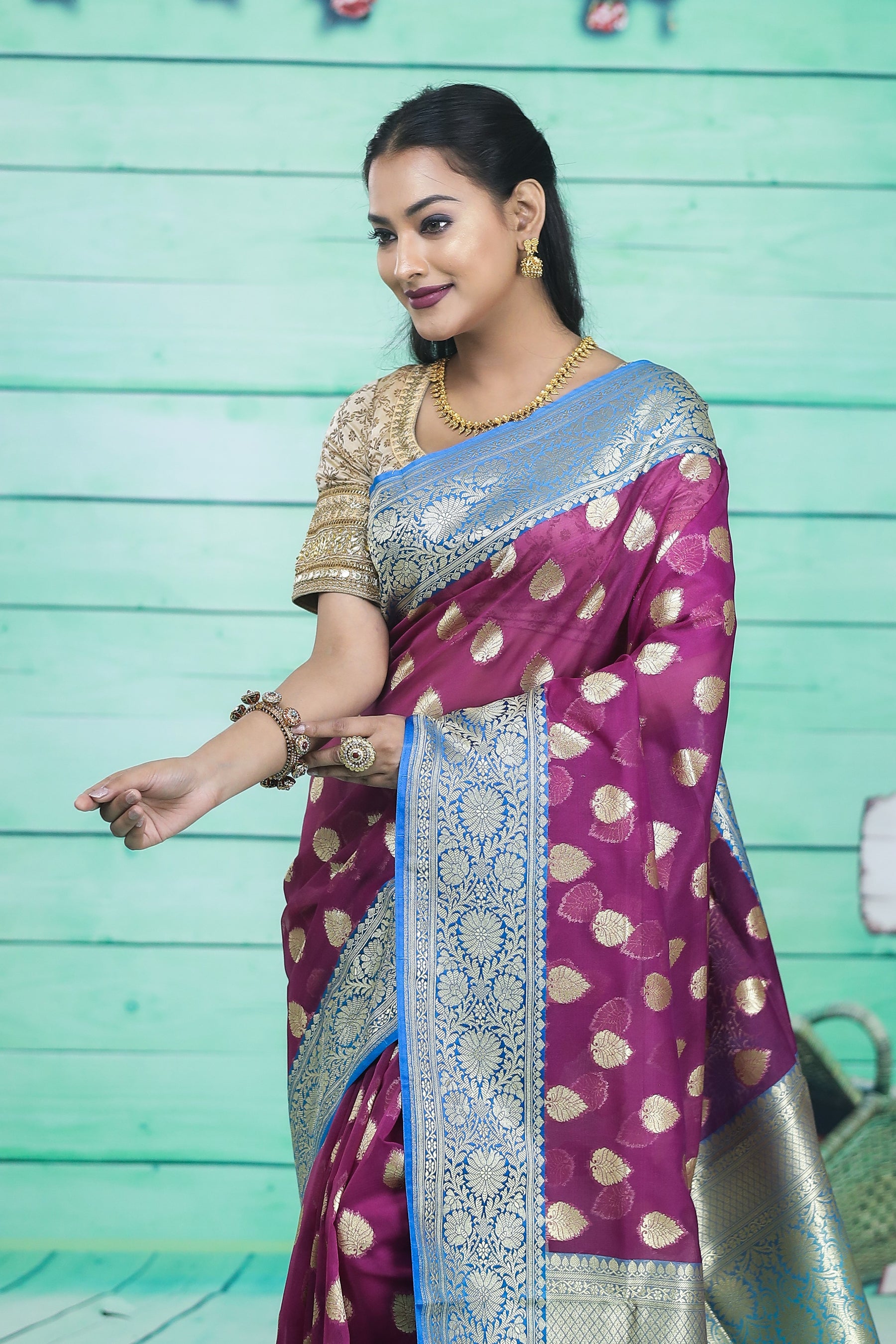 Magenta with Blue Border Tissue Saree - Keya Seth Exclusive