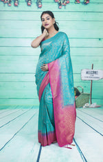 Load image into Gallery viewer, Sea Green Dupion Silk Saree with Pink Border - Keya Seth Exclusive
