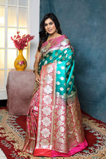 Load image into Gallery viewer, Rama Green and Pink Half and Half Banarasi Saree - Keya Seth Exclusive