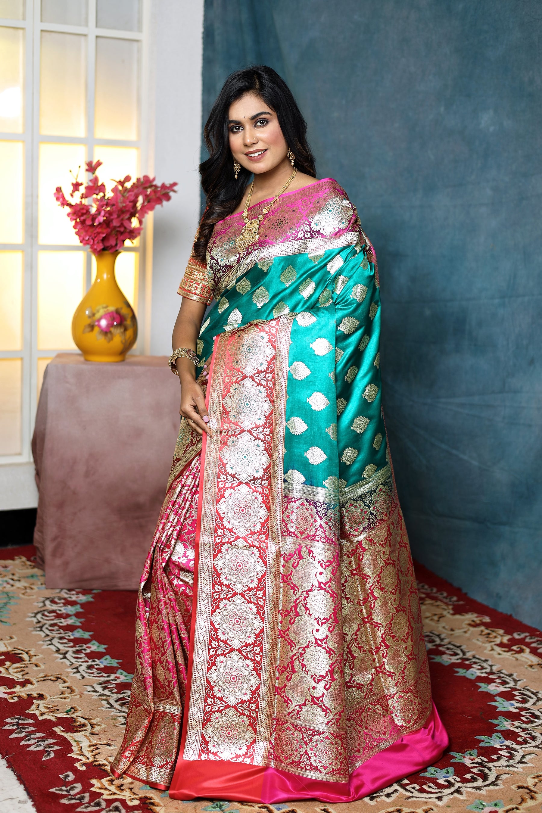 Rama Green and Pink Half and Half Banarasi Saree - Keya Seth Exclusive