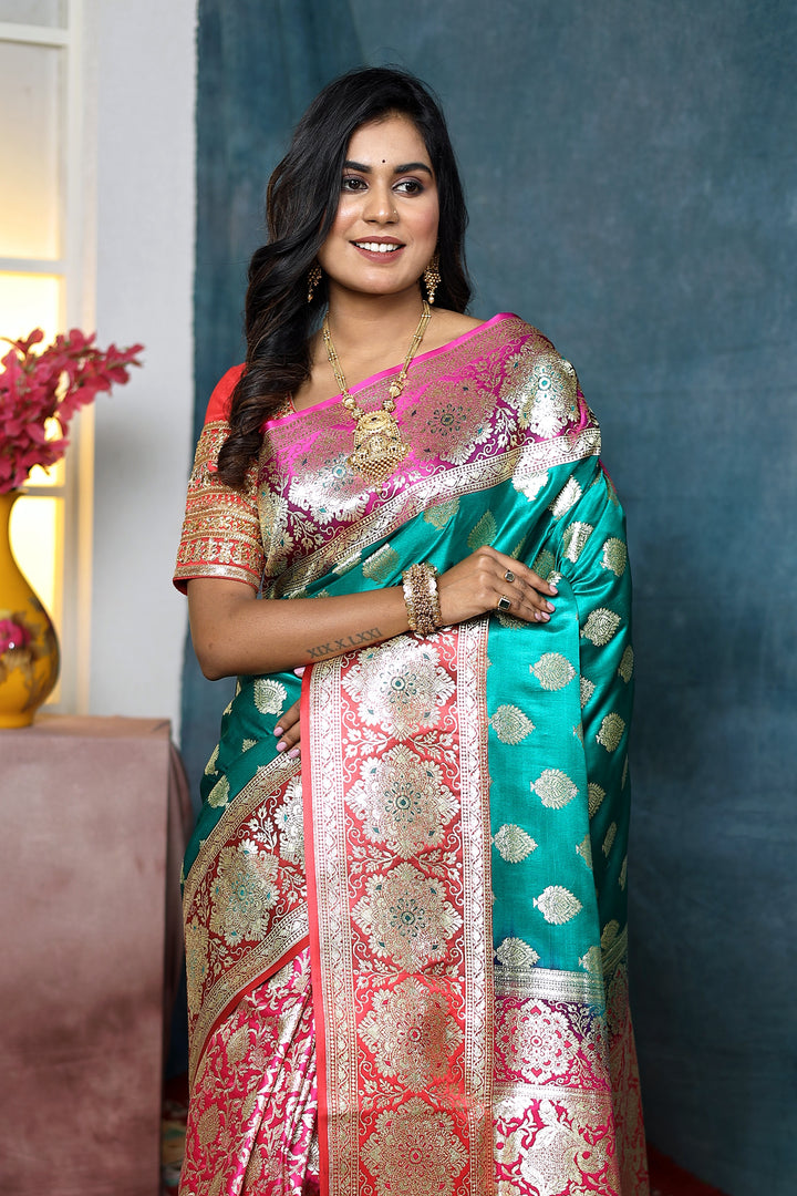 Rama Green and Pink Half and Half Banarasi Saree - Keya Seth Exclusive