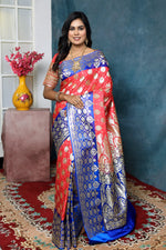 Load image into Gallery viewer, Red and Blue Patli-Pallu Banarasi Saree - Keya Seth Exclusive