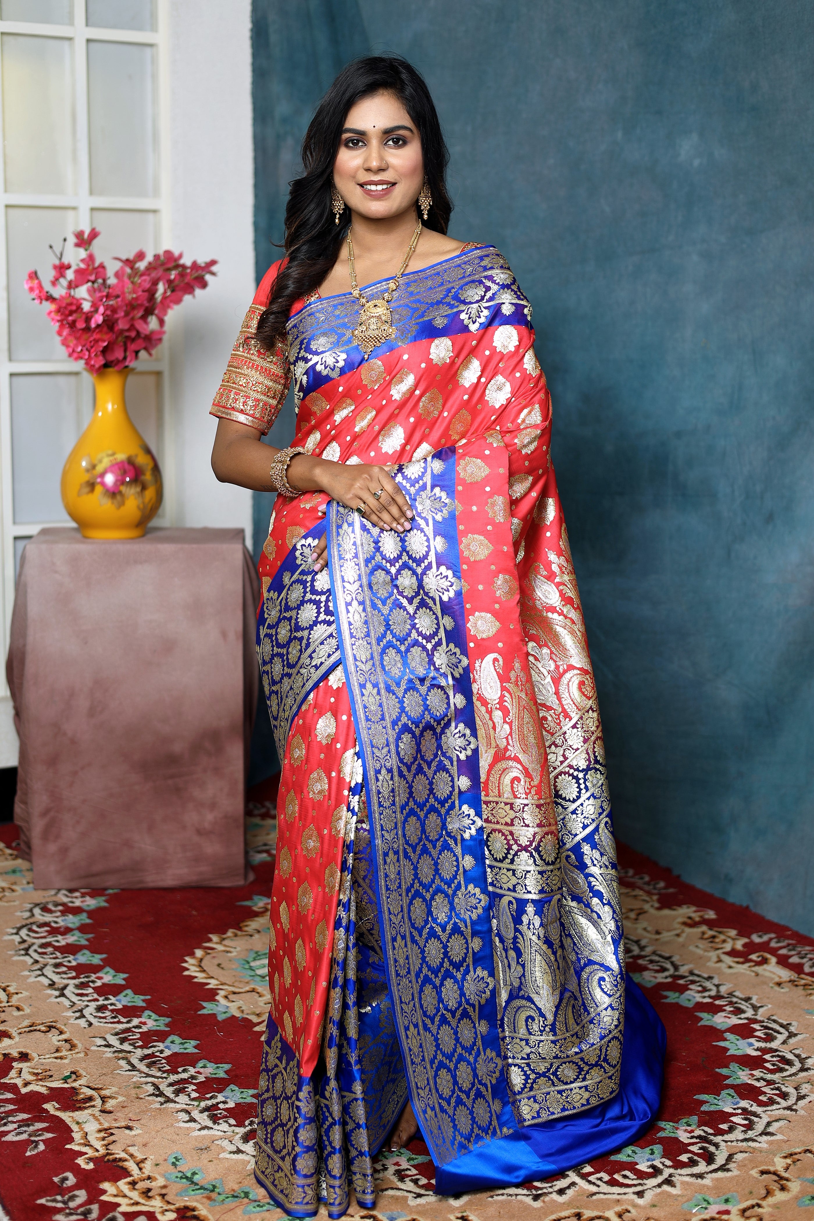 Red and Blue Patli-Pallu Banarasi Saree - Keya Seth Exclusive