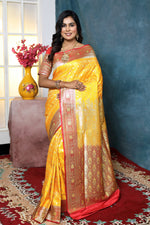 Load image into Gallery viewer, Bright Yellow Banarasi Saree with Red Border - Keya Seth Exclusive