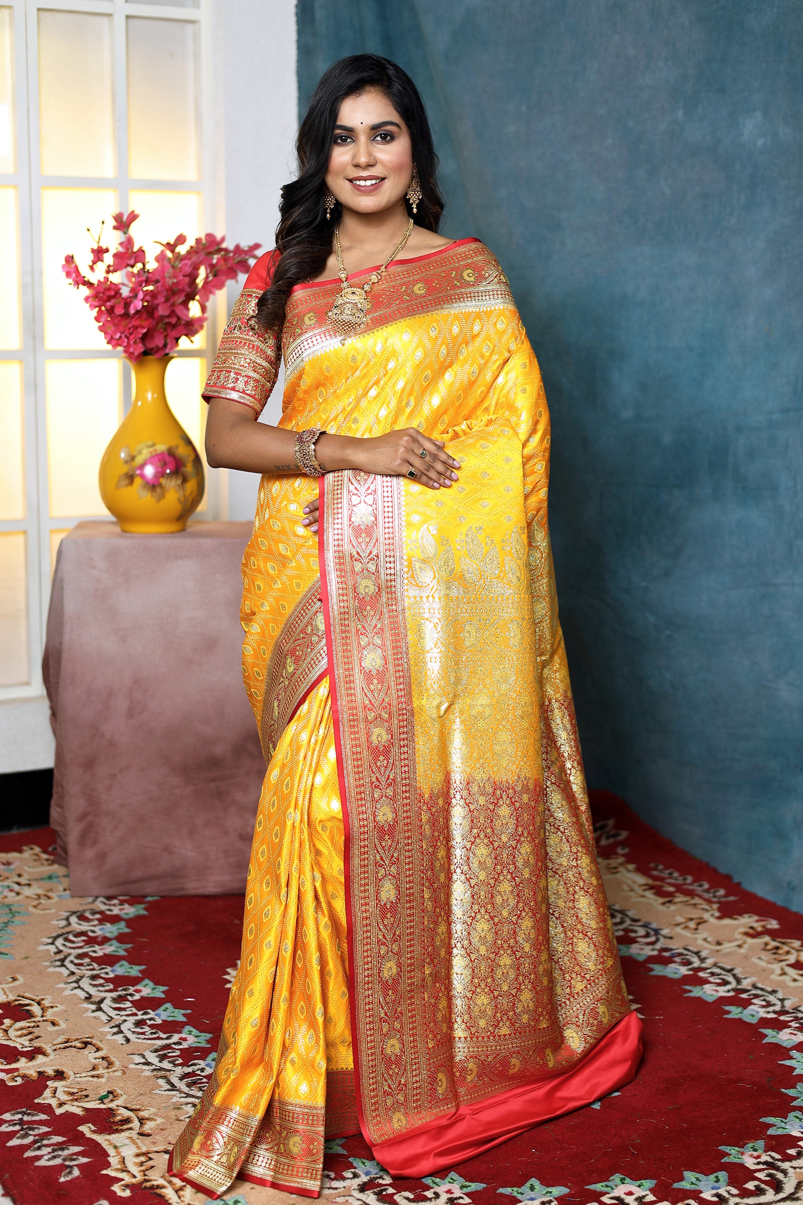 Bright Yellow Banarasi Saree with Red Border - Keya Seth Exclusive