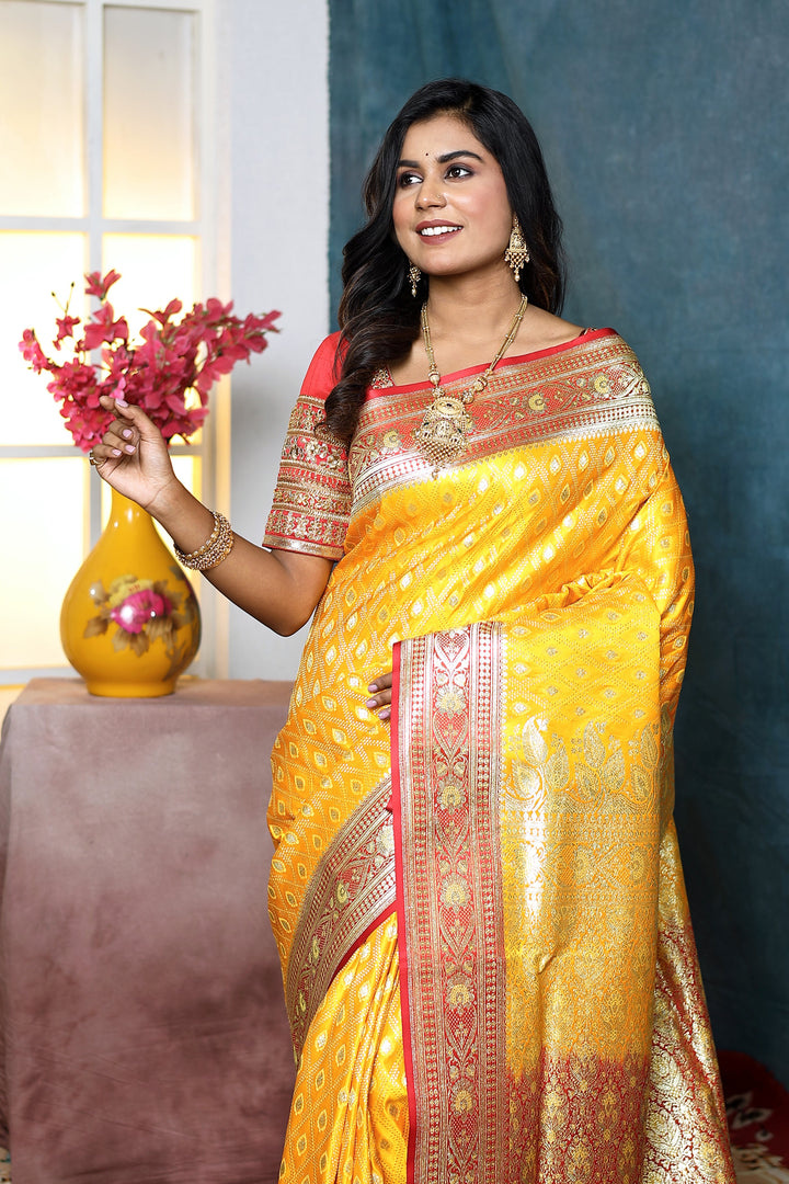 Bright Yellow Banarasi Saree with Red Border - Keya Seth Exclusive