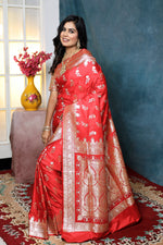 Load image into Gallery viewer, Rose Red Banarasi Saree with Floral Motifs - Keya Seth Exclusive