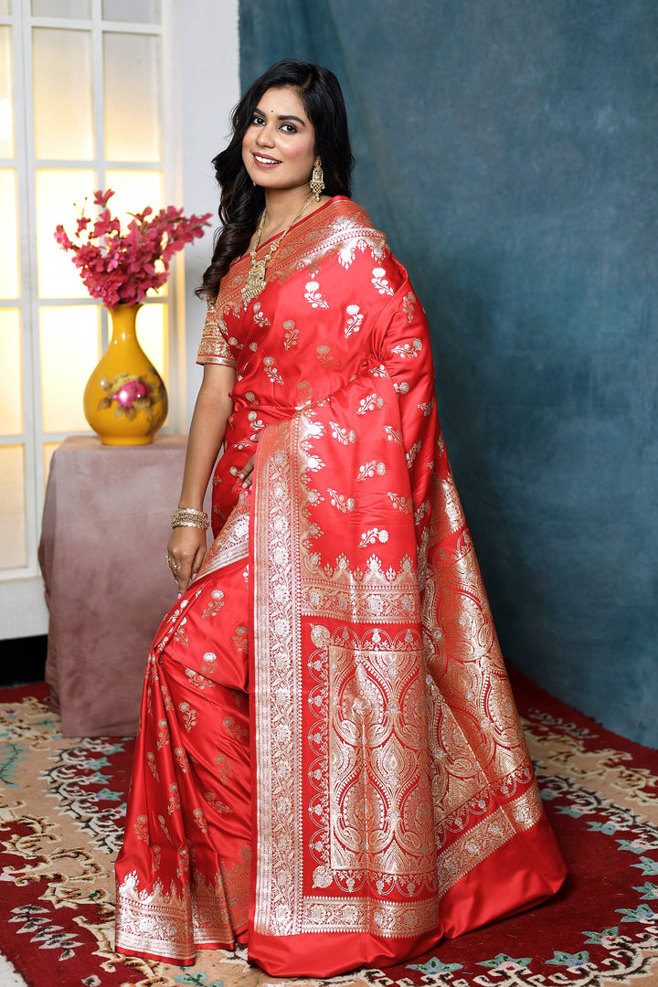 Rose Red Banarasi Saree with Floral Motifs - Keya Seth Exclusive