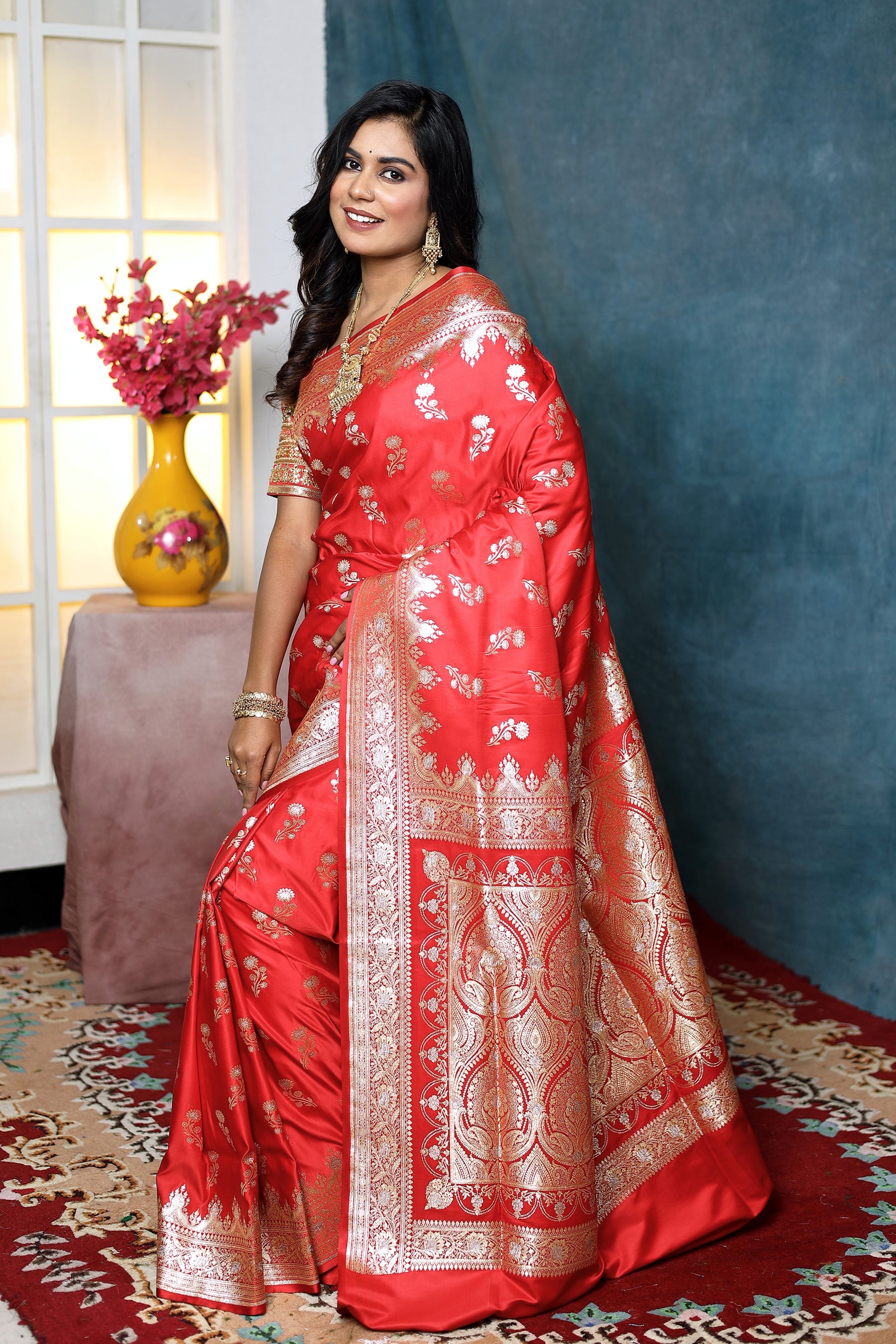 Rose Red Banarasi Saree with Floral Motifs - Keya Seth Exclusive