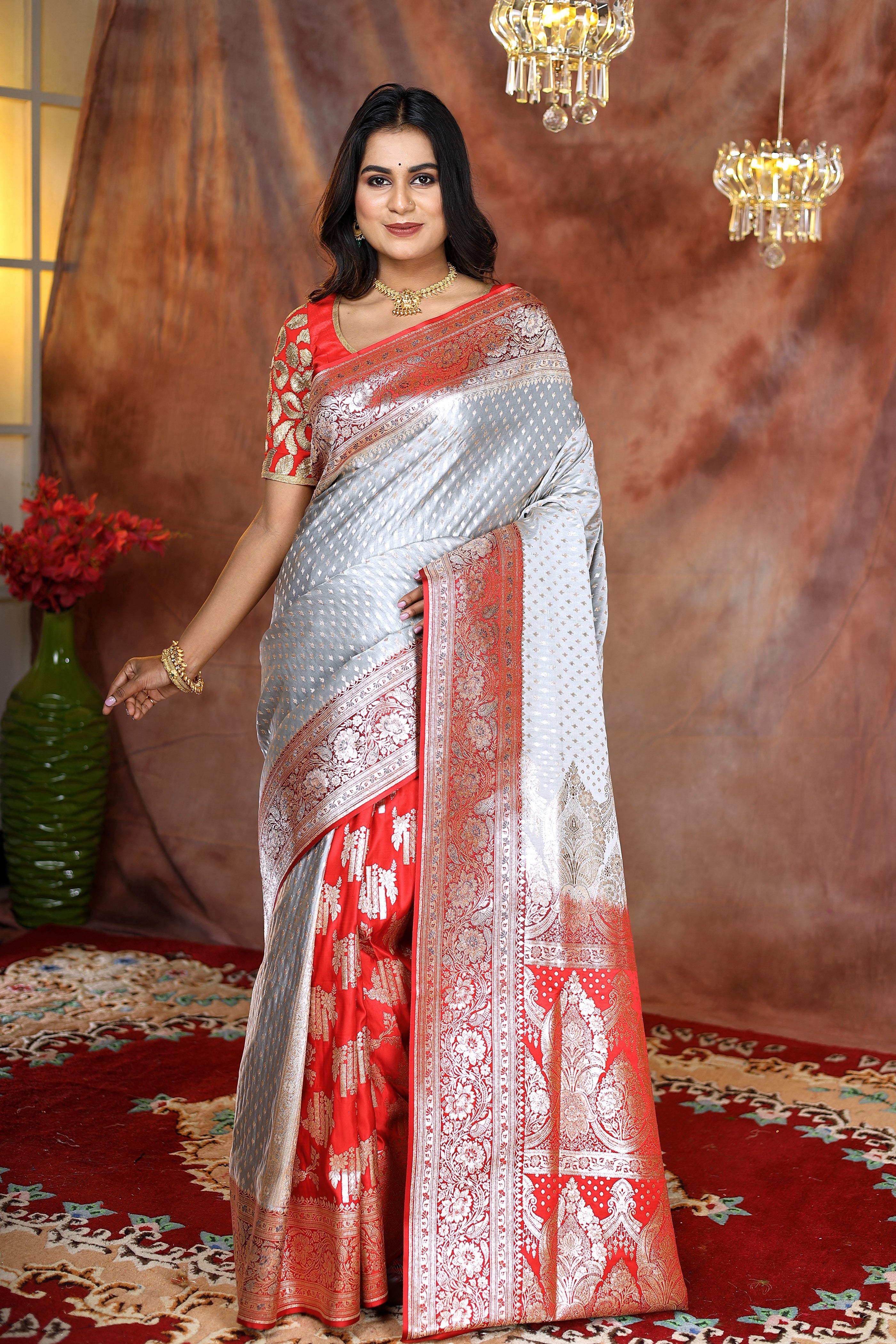 Patli Pallu Grey and Red Banarasi Saree - Keya Seth Exclusive