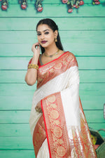 Load image into Gallery viewer, Off-White and Red Semi Katan Silk Saree - Keya Seth Exclusive

