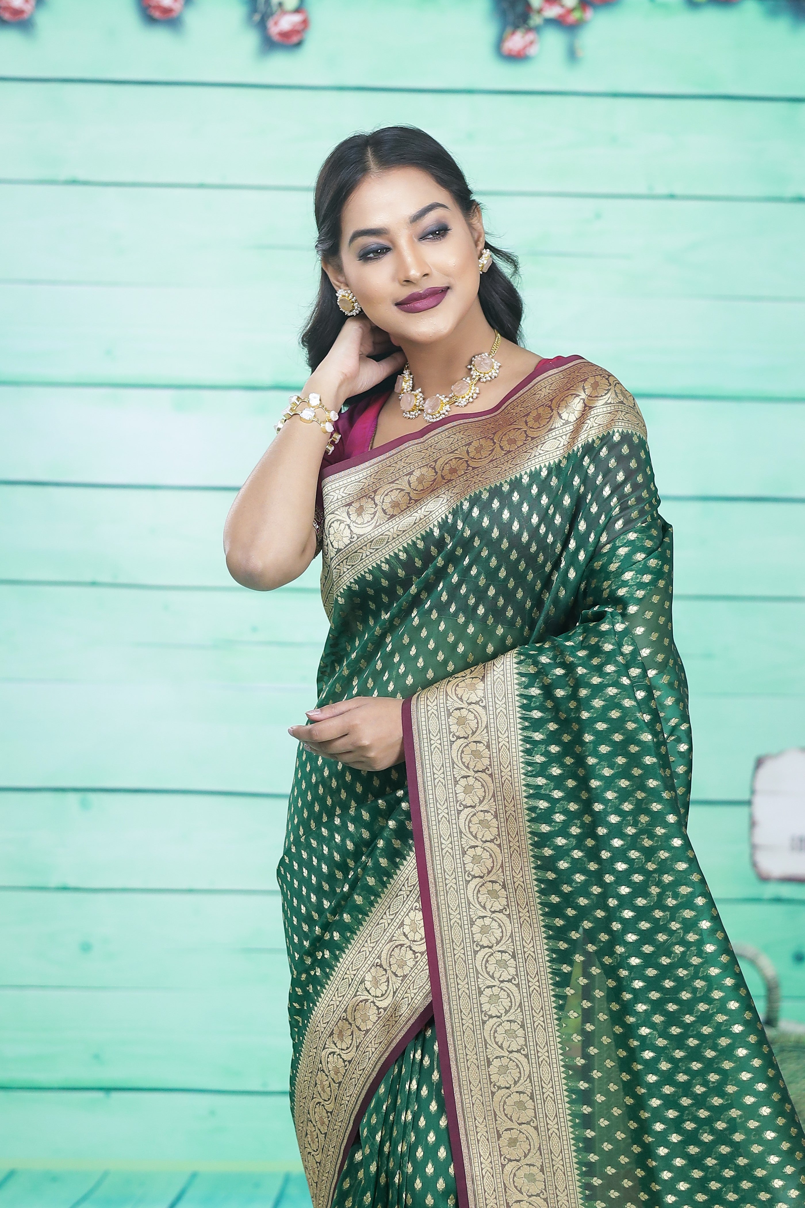 Bottle Green and Multicolored Soft Tissue Saree - Keya Seth Exclusive