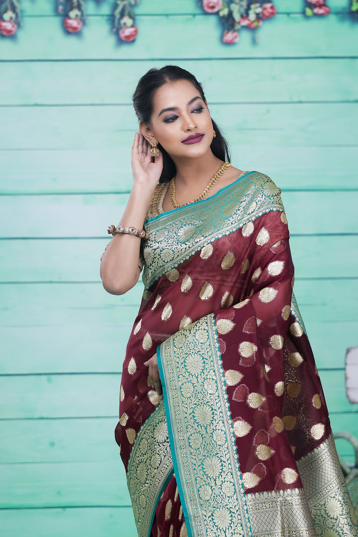 Maroon with Green Border Tissue Saree - Keya Seth Exclusive