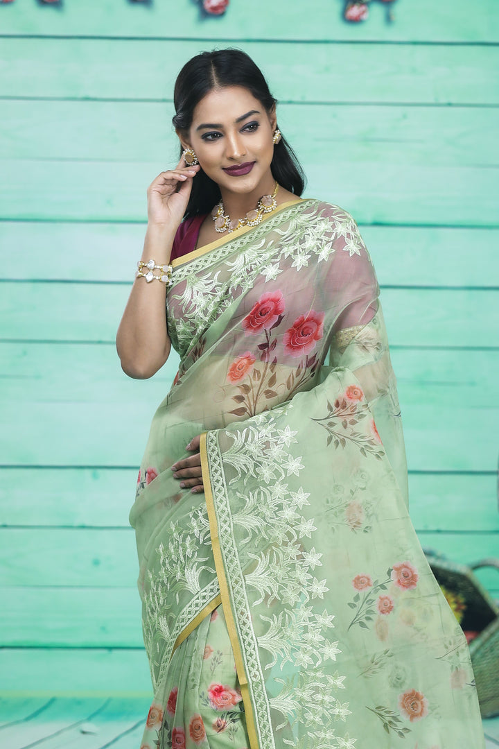 Green Organza Saree with Floral Design - Keya Seth Exclusive