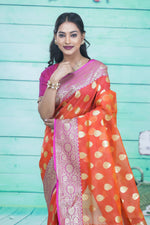 Load image into Gallery viewer, Orange with Pink Border Tissue Saree - Keya Seth Exclusive