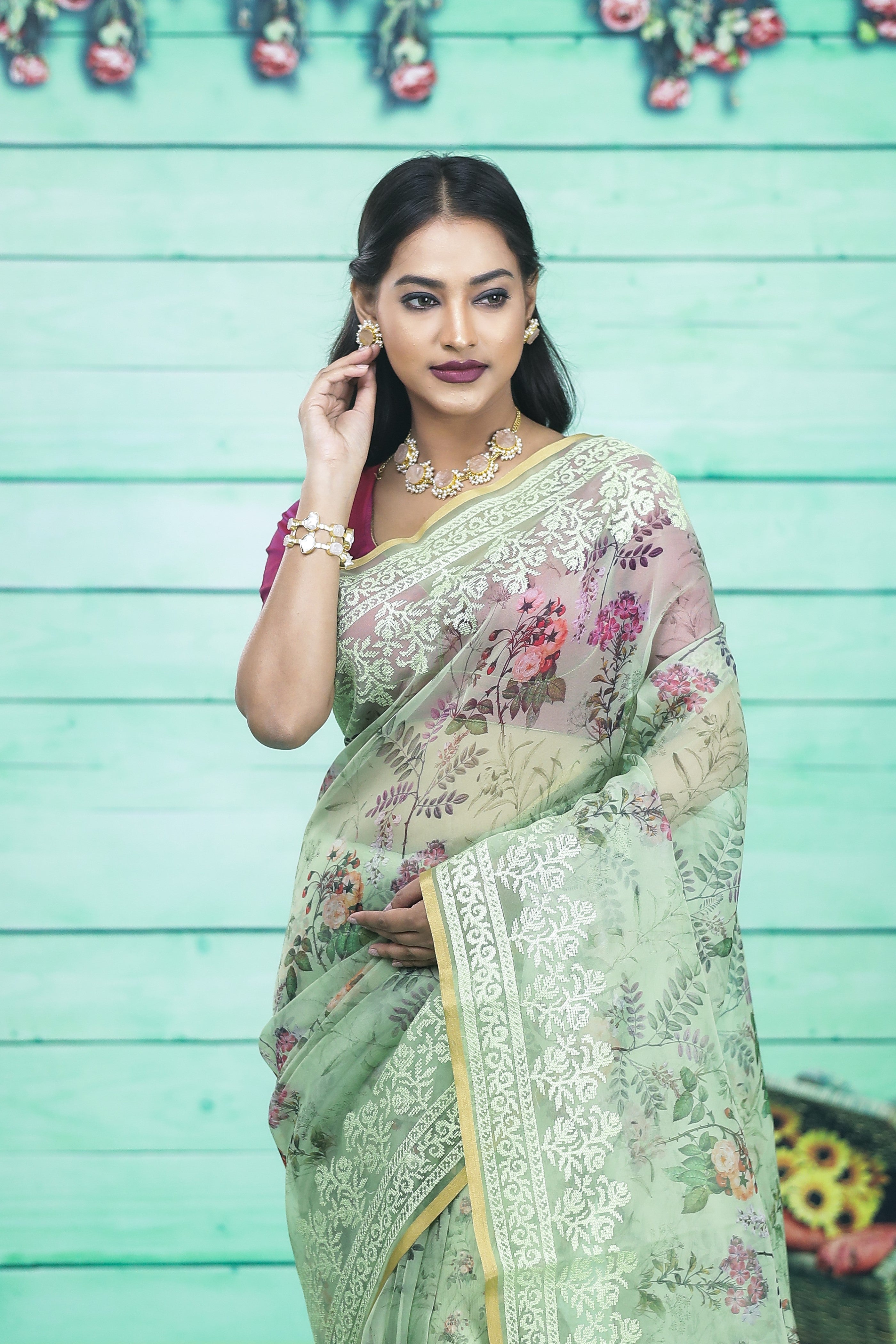 Light Green Organza Saree with Floral Design - Keya Seth Exclusive