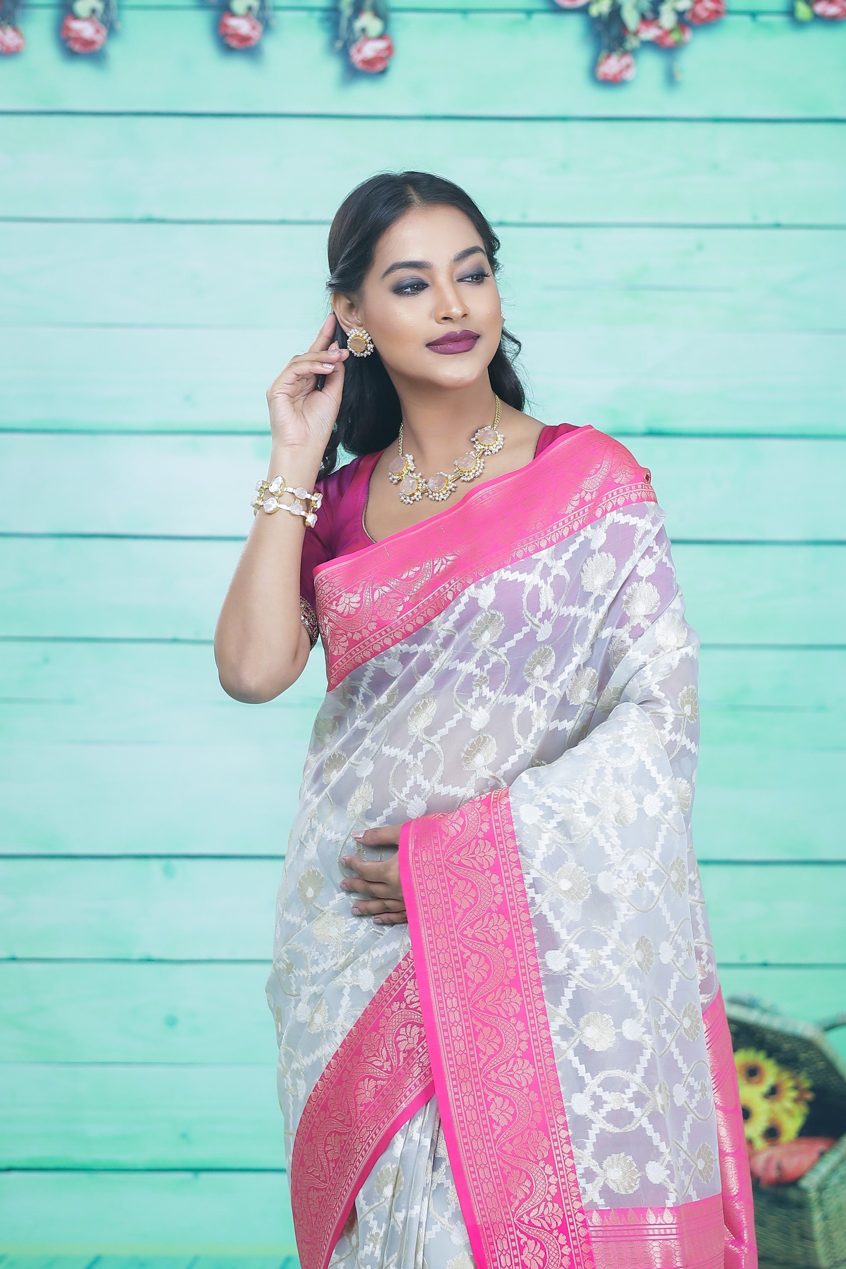 White and Pink Soft Tissue Saree - Keya Seth Exclusive