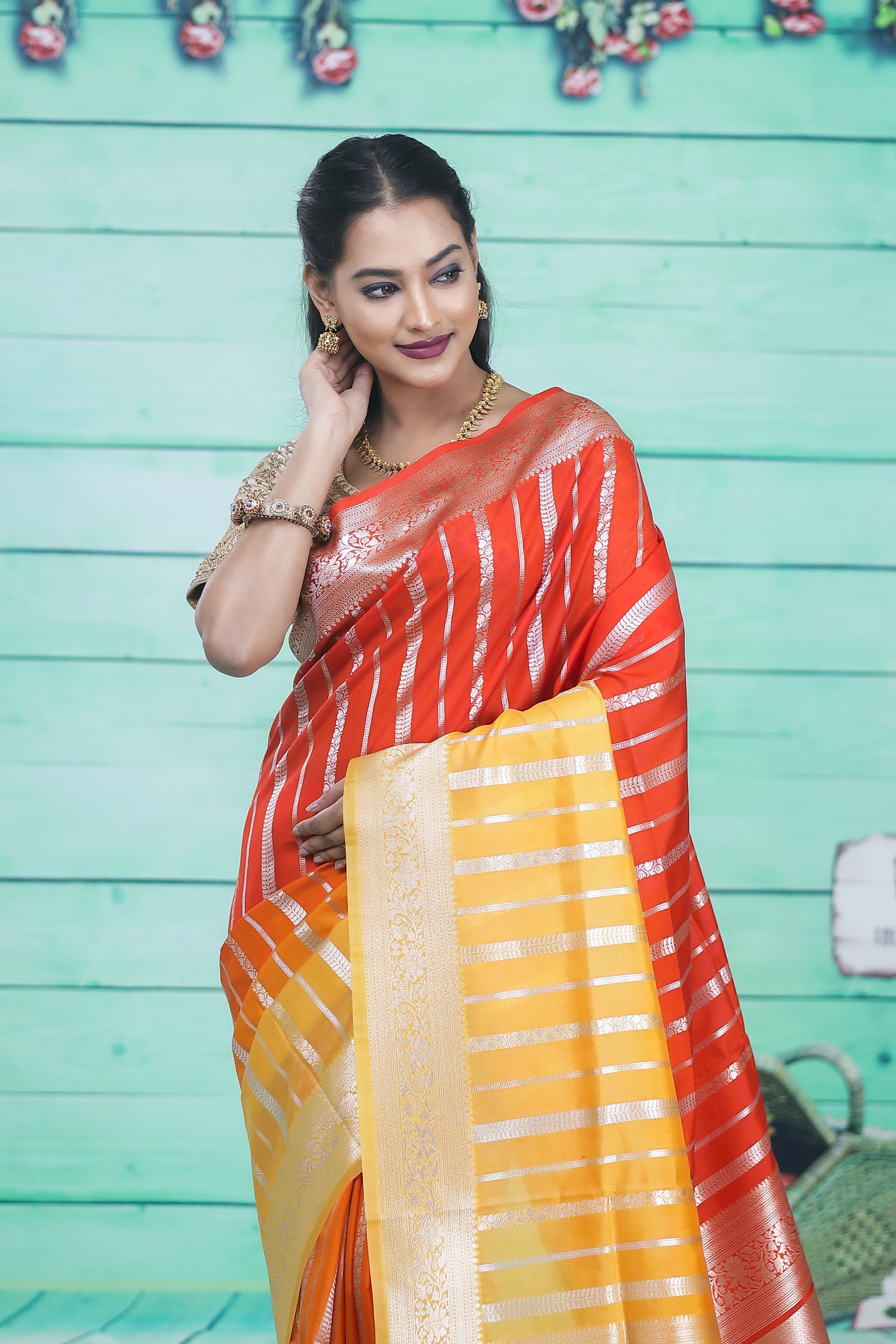 Orange and Yellow Semi Katan Silk Saree - Keya Seth Exclusive